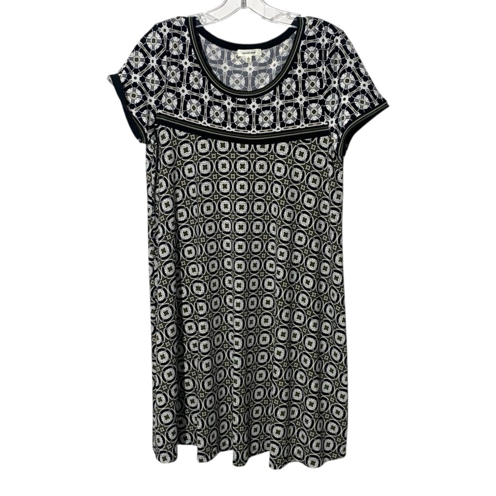 Max Studio Womens Dress Large Green White Black Short Sleeve Stretch Geometric